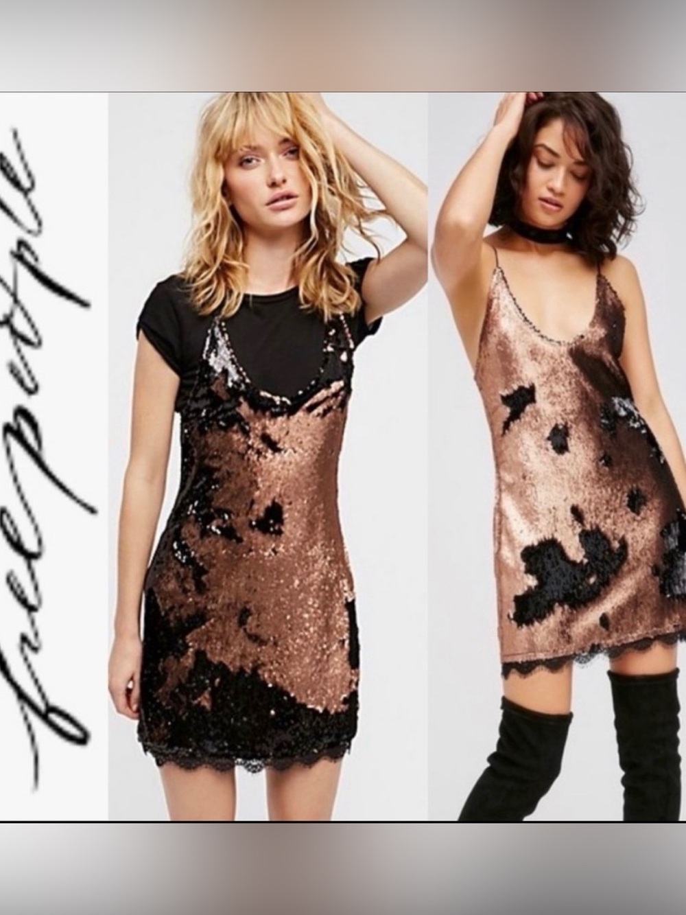 Free People Rose Gold and Black Sequin Slip Dress